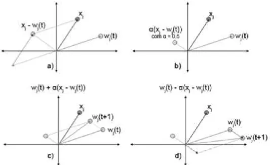 Figura 2.3: Exemplo do comportamento geométrico dos vetores envolvidos no algoritmo LVQ (PEREIRA B