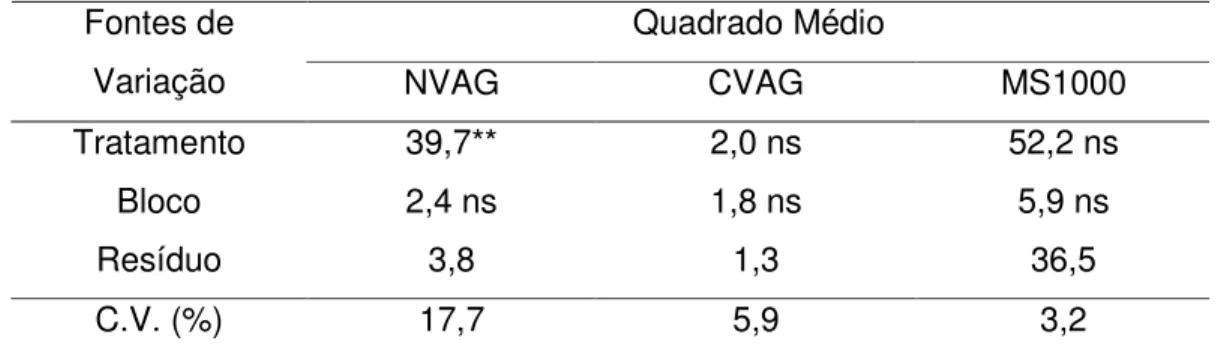 TABELA 5. Valores do quadrado médio e significância estatística para o número de  vagens por plantas (NVAG), comprimento médio da vagem (CVAG) e matéria seca  de  1000  sementes  (MS1000),  em  plantas  de  feijão-de-corda  irrigadas  com  água  salina 
