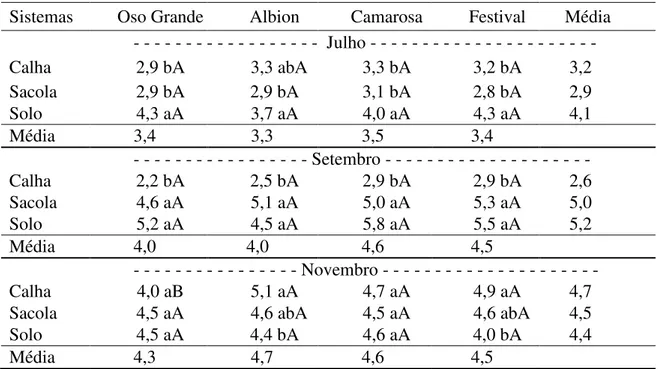 Tabela 18. Teores de Magnésio (g kg -1 ) nas folhas das cultivares de morangueiro em três  sistemas de cultivo e em três épocas de amostragem