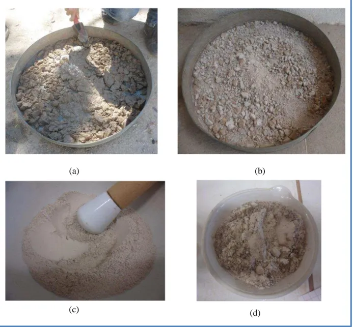 Figura  27  –   Sequencia  esquemática  do  processamento  da  diatomita;  (a)  amostra  úmida;  (b)  amostra seca após de 5 dias ; (c) amostra desintegrada no morteiro; (d) amostra em pó