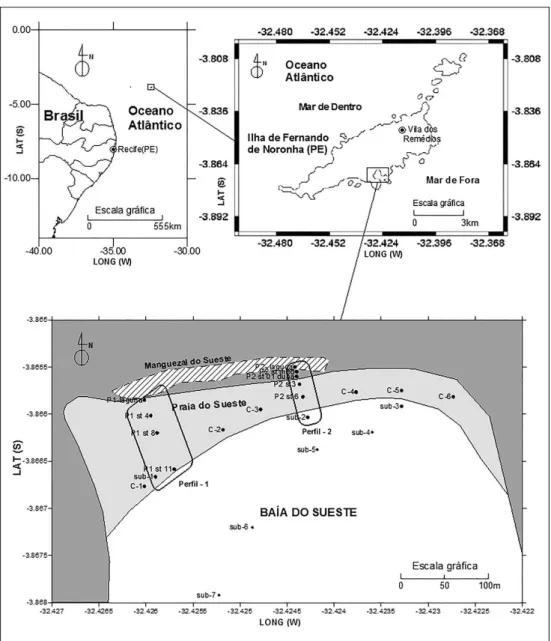Figura 1 – Localização do arquipélago de Fernando de Noronha, das estações e de coleta e dos peris  topográicos (nos retângulos) no sistema sedimentar do Sueste.