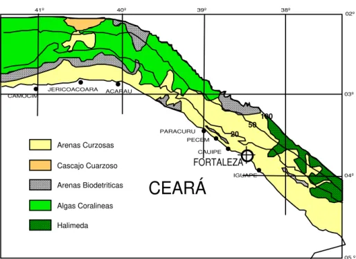 Figura 2.3 – Distribución de las principales facies sedimentarias en la Plataforma  Continental de Ceará
