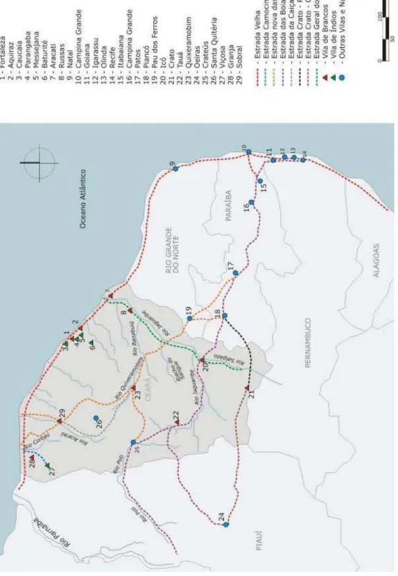 Figura 1. As estradas das boiadas. Fonte: Mapa elaborado pelo autor, a partir das informações contidas no texto Vias de communicação do Ceará colonial de Studart Filho (1937).