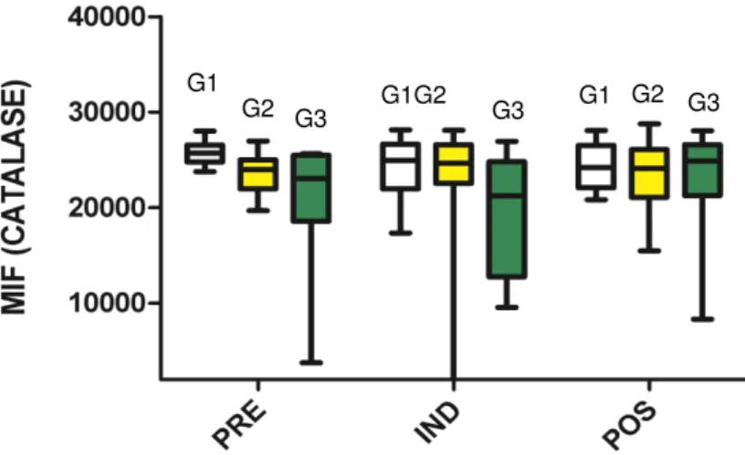 Gráfico 12 - Concentração da catalase no G1, G2, G3 na administração do suplemento (PRÉ), antes  da indução anestésica (IND) e no pós-operatório (POS)