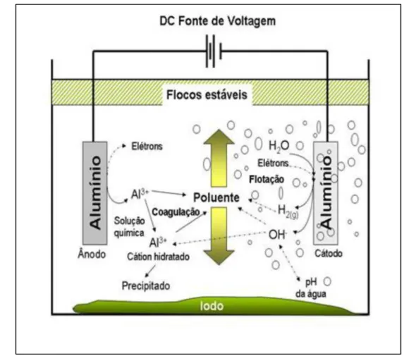 Figura 8 – Detalhes do processo de eletrocoagulação, utilizando eletrodos de alumínio