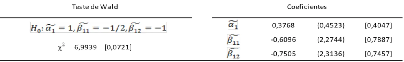 Tabela 5 – Estimação via GARCH-M bivariado da versão loglinearizada da equação fundamental de  apreçamento de ativos (2000.1 a 2009.12, 120 observações)  a, b