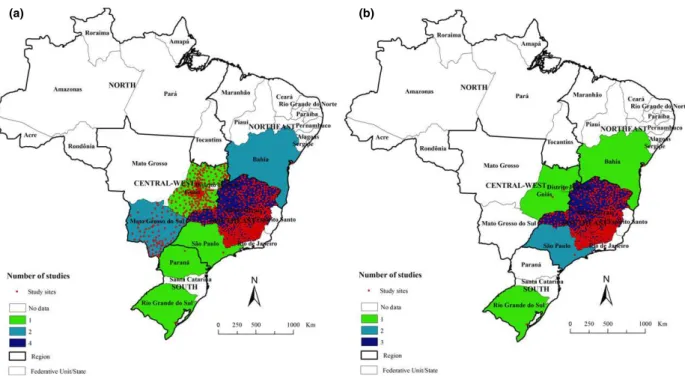 Figure 2 Distribution of study sites in Brazil: (a) prevalence of Chagas disease in pregnant women; (b) congenital transmission rate of T