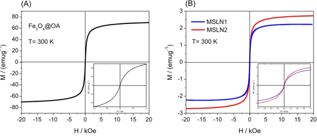 Figure 5. Room temperature hysteresis loops of (A) Fe 3 O 4 @OA nanoparticles and (B) MSLN1 and MSLN2 samples