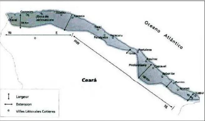 Figura 4: Localização, largura e extensão da zona costeira cearense Fonte: Claudino-Sales (2007) 