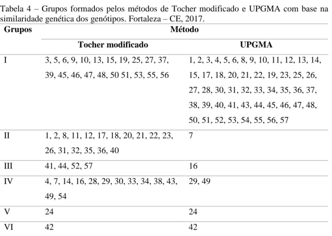 Tabela  4  –   Grupos  formados  pelos  métodos  de  Tocher  modificado  e  UPGMA  com  base  na  similaridade genética dos genótipos