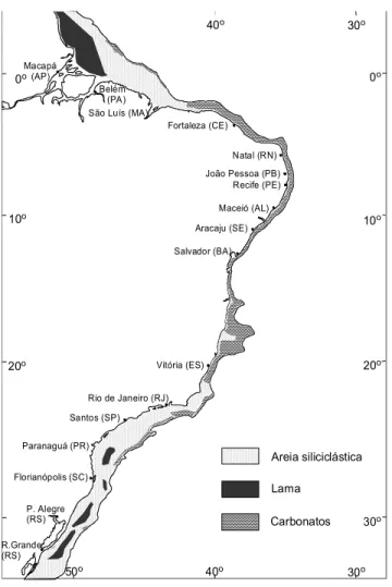 Figura 2. Representação simplificada do recobrimento sedimentar da plataforma continental brasileira, segundo compilações de Kowsmann &amp; Costa (1979) e Coutinho (1995).