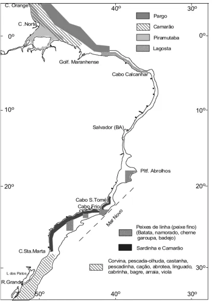 Figura 7. Principais áreas de pesca, na plataforma continental, para as espécies mais explotadas.