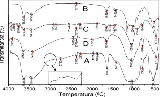 Figura  18  –   Espectros  de  Infravermelho  da  Montmorilonita:  (A)  Com  Matéria Orgânica; (B) Sem Matéria Orgânica; (C) Forma Sódica; (D) Forma  Pilarizada