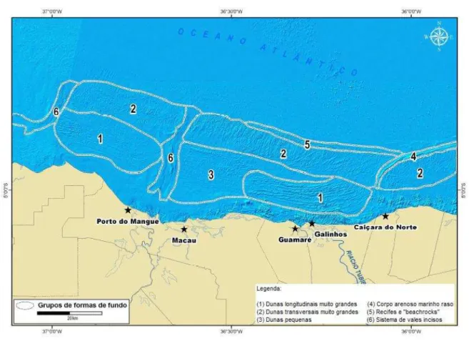 Figura 3 - Principais grupos de formas de fundo identificadas na plataforma continental do litoral setentrional do  Rio Grande do Norte