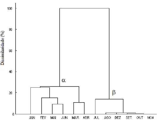 Figura 9 - Dendograma para a análise hierárquica de agrupamentos (matriz: euclidiana e agrupamento: método  de Ward) dos índices pluviométricos mensais referentes ao litoral setentrional do Rio Grande do Norte