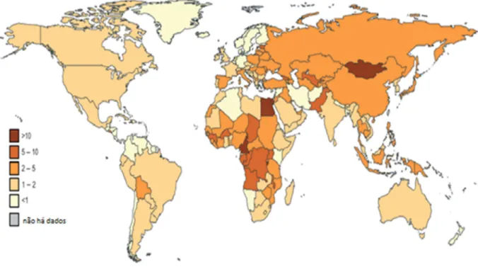 Figura 3 - Prevalência global da hepatite C (Adaptado de LAVANCHY, 2011) 