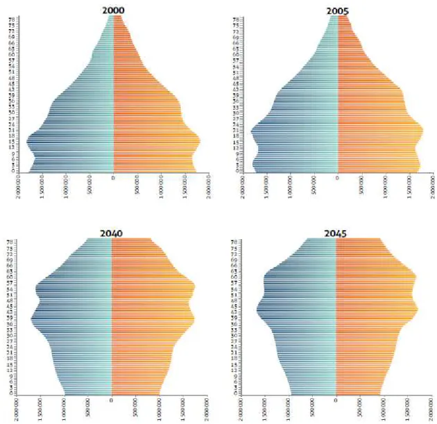 Figura 1 - Pirâmides etárias do Brasil em 2000 e 2005 e projeções da população brasileira de acordo com idade e  sexo para os anos de 2040 e 2045
