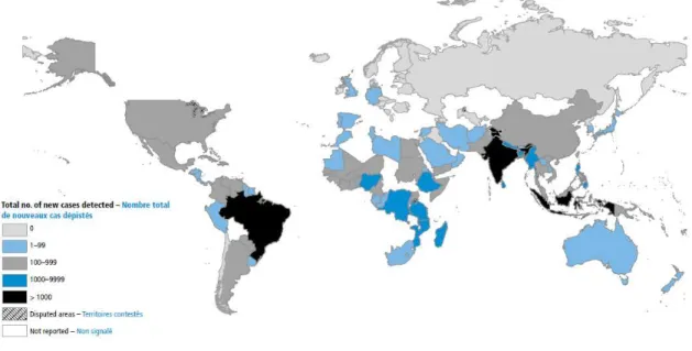 Figura 1  –  Distribuição Geográfica de casos novos de hanseníase no mundo. 