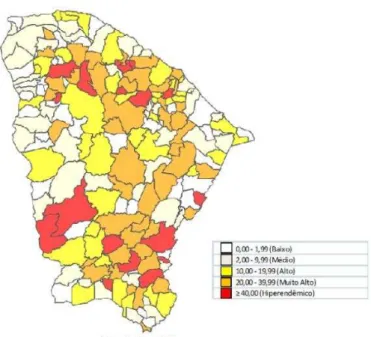 Figura 3  –  Coeficiente de detecção geral de casos de hanseníase, por município de residência
