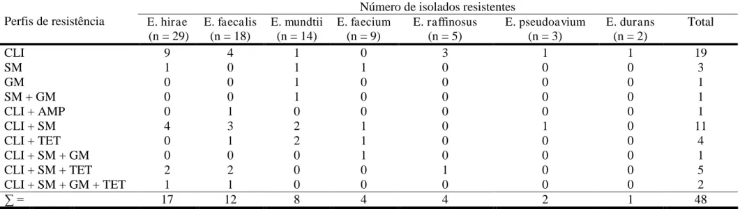 Tabela  4  –  Perfis  de  resistência  verificados  para  as  espécies  de  Enterococcus   spp