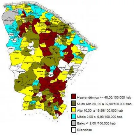 Figura  1.  Distribuição  dos  coeficientes  de  detecção  de  hanseníase,  por  município,  ano  de  2009, Ceará
