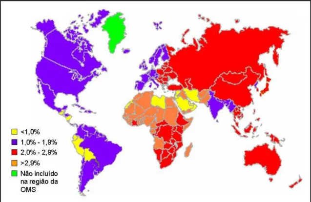 Figura 1: Distribuição mundial do vírus da hepatite C. (Fonte: SHEPARD et al., 2005) 