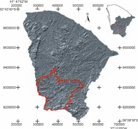 Figura 8: Localização da bacia hidrográfica do rio Jaguaribe (em destaque no mapa  pequeno ao alto) e da bacia hidrográfica do Alto Jaguaribe (em destaque no mapa  principal), estado do Ceará 