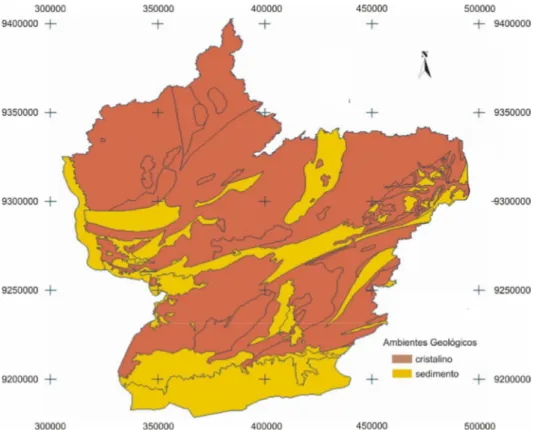 Figura 10: Ambientes geológicos da bacia do açude Orós, com 70% de cobertura do  cristalino e 30% sedimentar   