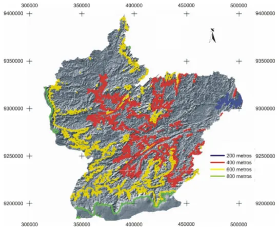 Figura 12: Topografia da bacia do açude Orós, com curvas de nível (200, 400, 600 e  800 metros) traçadas a partir do modelo numérico do terreno extraído de SRTM  