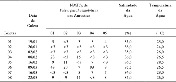 TABELA 2.  Distribuição das Estimativas de Vibrio parahaemolyticus pelo Número Mais Provável (NMP/g) em Amostras de Mexilhões Provenientes de Banco Natural do Litoral de Palhoça, Santa Catarina, Janeiro a Março de 1993