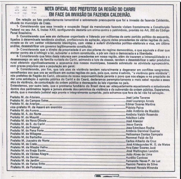 Figura 3  –  Nota oficial assinada pelos prefeitos da Região do Cariri, sobre a ocupação de  terra na Fazenda Caldeirão 