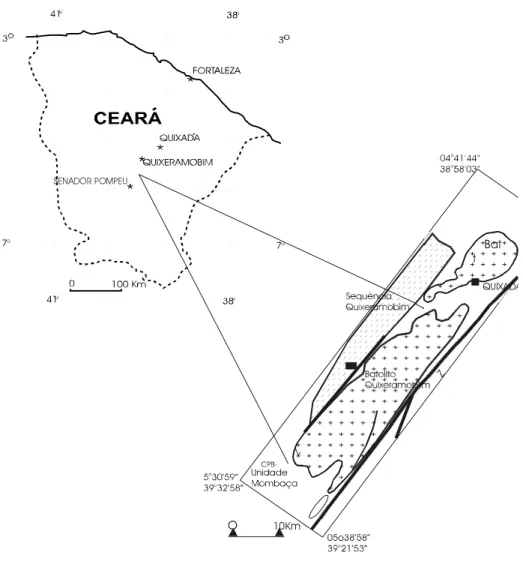 Figura 1- Mapa geológico esquemático e localização do Complexo Granítico Quixadá-Quixeramobim.