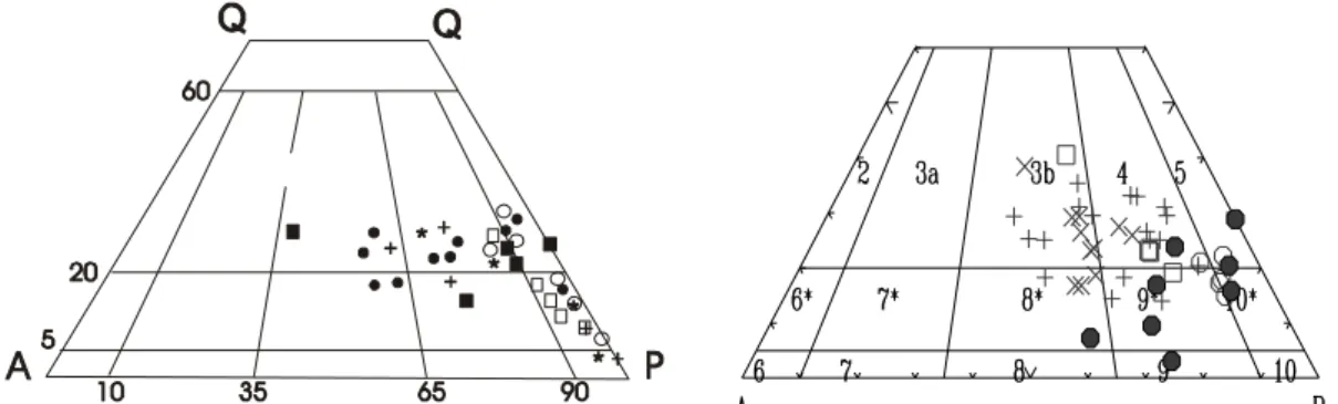 Figura 2 - A)   Diagrama Quartzo-Álcali-feldspato-Plagioclásio (QAP) exibindo a variação composicional modal do batólito Quixeramobim