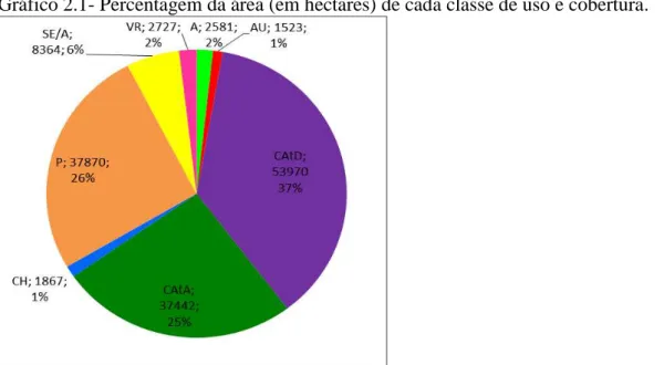 Gráfico 2.1- Percentagem da área (em hectares) de cada classe de uso e cobertura. 