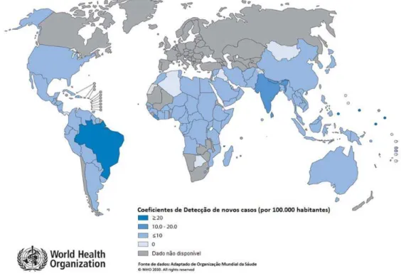 Figura 2 - Coeficiente de detecção geral de casos novos de hanseníase no Mundo no início de  2009 (WHO, 2010)