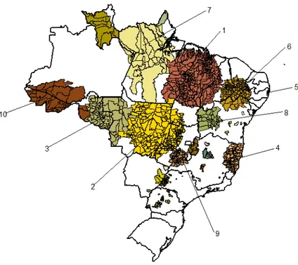 Figura 5 - Agregados espaciais de municípios com alta transmissão da hanseníase, Brasil -  2005 a 2007