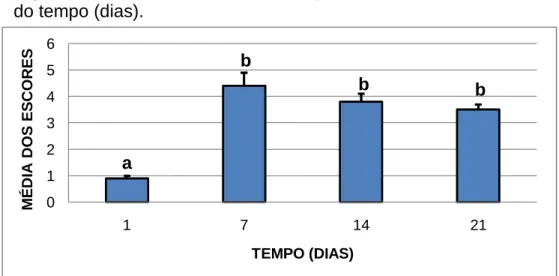Figura 10. Médias dos escores de isquemia nos HUD no decorrer  do tempo (dias).  0123456 1 7 14 21