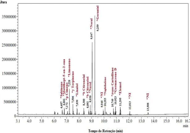 Figura 15  –  Cromatograma do OELaII realizada através da cromatografia gasosa acoplada à espectrometria de  massa (CG/EM)