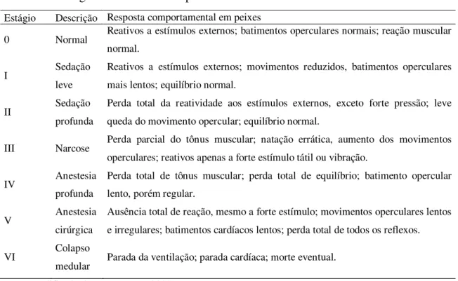 Tabela 1  –  Estágios de anestesia em peixes. 