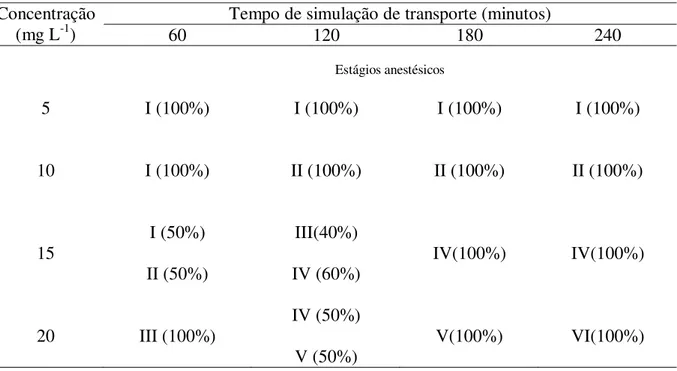 Tabela 4  –  Eventos comportamentais de juvenis de tilápia do Nilo submetidos à simulação de  transporte em sacos plásticos sob influência de diferentes concentrações de óleo de cravo