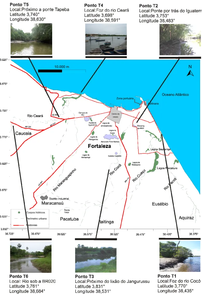 Figura 3. Localização dos pontos coletados em ambos os rios da costa fortalezense 