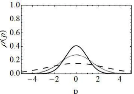 Figura 3.2: Densidade de probabilidade do momento, t = 1; γ = 0, 6 linha cheia preta;
