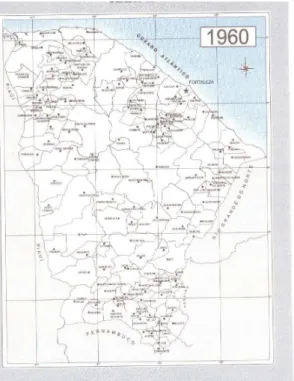 Figura 5 – O Ceará com o Município de Limoeiro do Norte e os municípios de Alto Santo,  Tabuleiro do Norte e São João do Jaguaribe desmembrados em 1957 