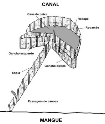 Figura 3 - Desenho da estrutura do cerco-ixo mostrando a espia,  os ganchos, a casa de peixe e a porta.