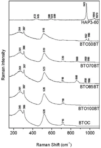 Fig. 13. Raman spectra of the films BTO(Y )AT compared with the Raman of the starting materials (BTOC10, HAP3-60).