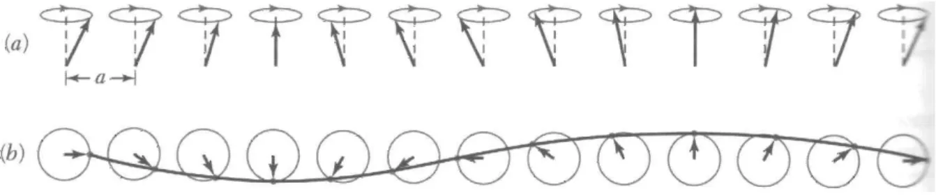 Figura 3.3: Uma onda de spin unidimensional.(a) Vista em perspectiva. (b) Vista de topo