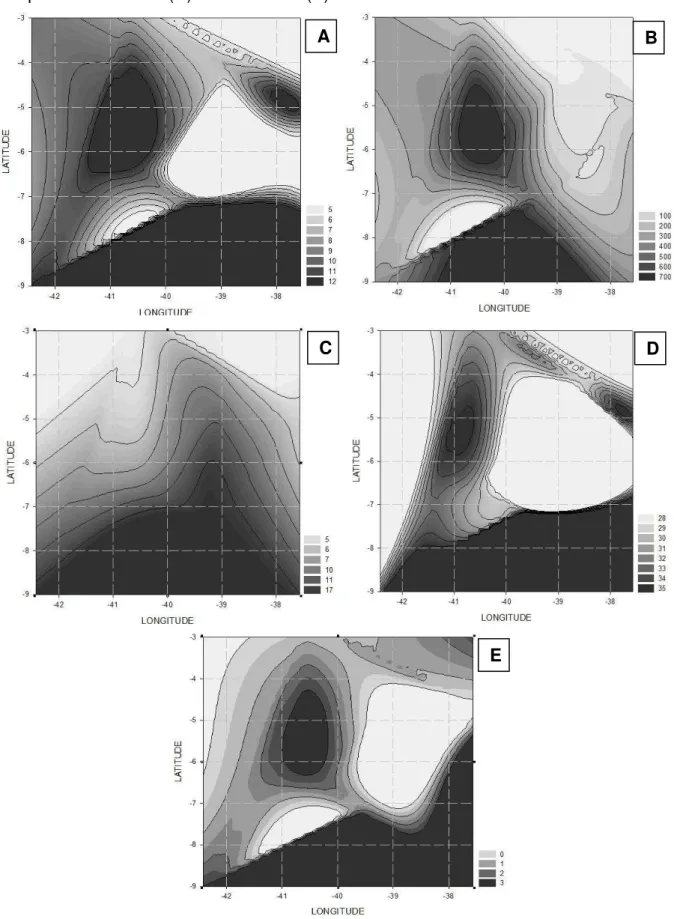 Figura  8  –   Mapas  de  contornos  para  amplitude  térmica  (A),  altitude  (B),  solo  (C),  temperatura máxima (D) e severidade (E)