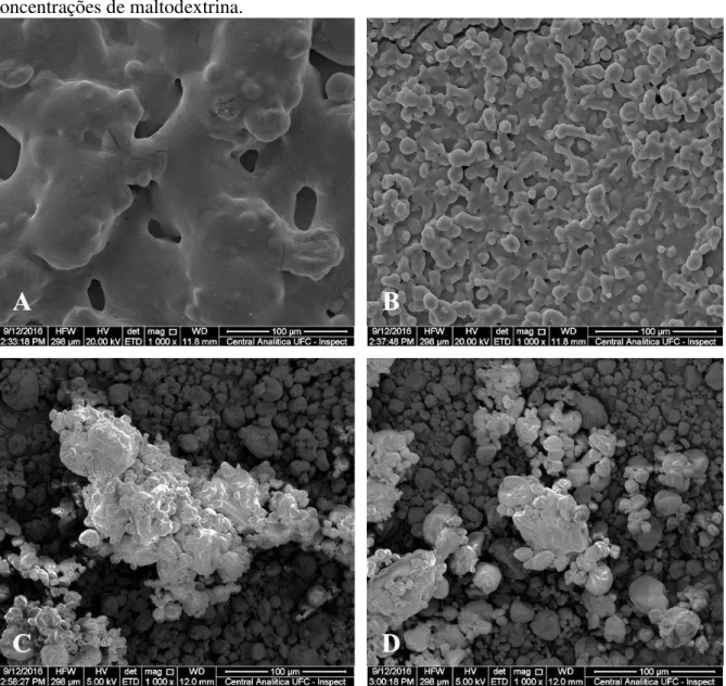 Figura  8  –   Micrografias  da  polpa  de  manga  em  pó  em  aumento  de  1000x  em  diferentes  concentrações de maltodextrina