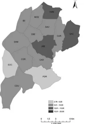 Figura 6 – Proporção da população (%) estimada de idosos, por distrito, no setor,  município de São Paulo, SP, no ano de 2005