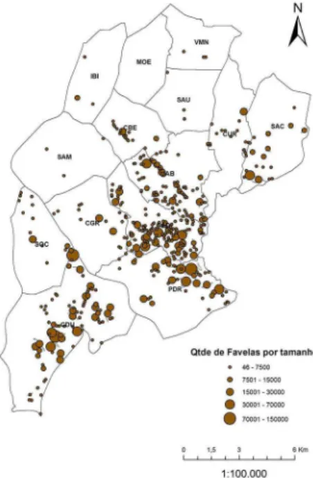 Figura 2 – Distribuição das áreas de favelas, por perímetro (m), no setor, município de São Paulo, SP